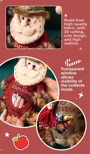 Detail of Christmas snowman gift bag featuring a heart-shaped transparent window and red fabric