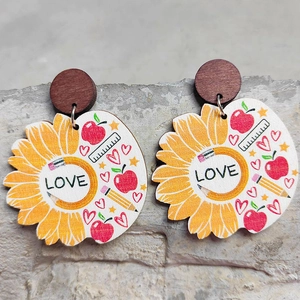 Teacher appreciation sunflower earrings with apple and pencil design and Love text