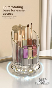 Detailed view of rotating makeup brush holder with gold rim and flower pearl base