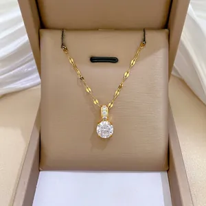 Einfache Halskette Mit Rundem Zirkonia Anhänger Für Damen Vergoldeter Titanstahl Kupfer Schmuck Schlüsselbeinkette