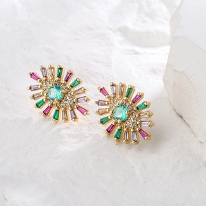18K gold plated eye stud earrings with green zircon and colorful gemstones on stone