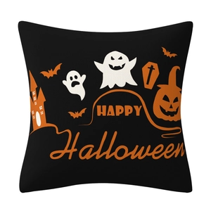 Detail of black linen Halloween pillowcase with ghosts, pumpkins and Happy Halloween text
