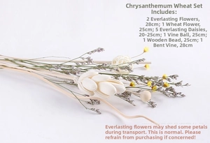 Flat lay of handmade dried flower set with sola flowers and sola wood beads in neutral tones
