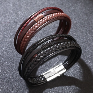 Multilayer braided leather bracelet with magnetic clasp in black and brown styles