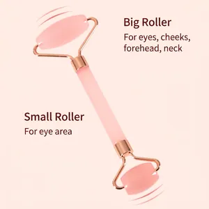 Rosenquarz Gesichtsroller mit Doppelkopf und Roségoldrahmen für Lifting und Gesichtsmassage
