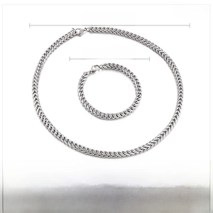 Macro detail of stainless steel wheat chain necklace and bracelet set with dimensions