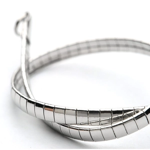 Polished silver metal watch strap with flexible segmented links on a clean white background