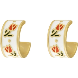 French vintage gold C-shape hoop earrings with white enamel and red tulip floral pattern