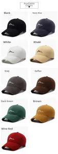 Matrix layout of cotton baseball caps with 'me' embroidery in nine assorted colors