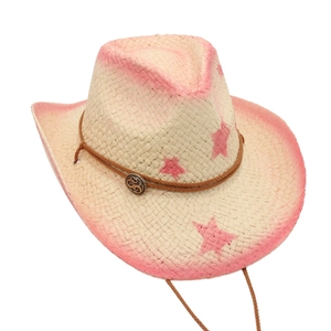 Western Cowboy Straw Hat Wide Brim Sun Protection Paper Straw Star Print Beach Fedora With Wind Rope Men Women