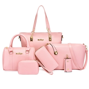 Pink 6-piece women handbag set including large tote, shoulder bag, and wallets