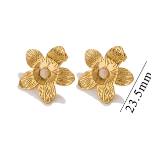 Close-up of 18K gold flower earrings with pink stone and 23.5mm size detail