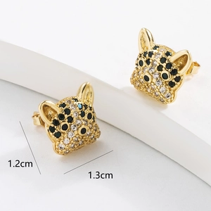 Detail showing gold leopard head stud earrings with sparkling cubic zirconia pavé