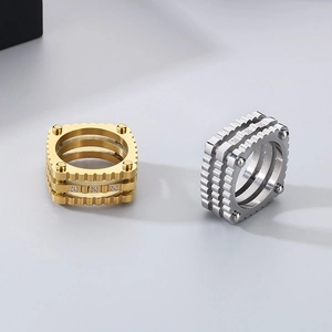 Mechanical gear stainless steel ring with rhinestones in silver and gold finishes