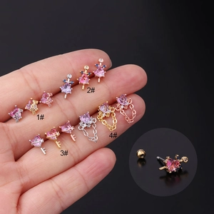 20G heart-shaped zircon ear studs in silver, gold, and rose gold with cross charms