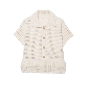 Women's cream knit short sleeve cardigan with tassel trim and hollow-out texture