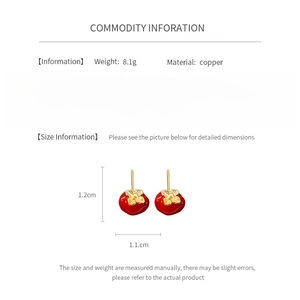 Detailed specs of persimmon-shaped stud earrings in red enamel and gold finish