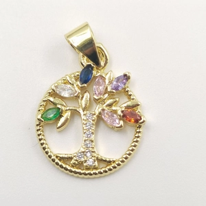 Golden Tree of Life pendant with multicolored marquise gemstones on white background