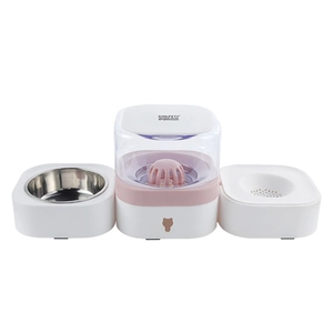 Automated pet water fountain and food bowl set with stainless steel basin and white reservoir