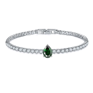 Detail shot of pear-shaped green gemstone tennis bracelet with cubic zirconia in silver
