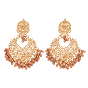 Vintage bohemian gold geometric drop earrings with hollow patterns and brown bead tassels