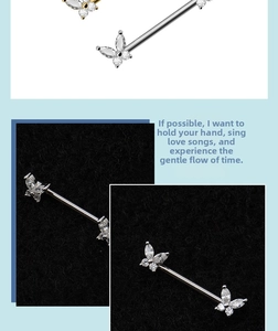 Détail du piercing de mamelon en forme de papillon en acier inoxydable avec des zircons