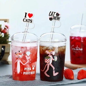 Pink Panther reusable tumblers with I Heart Cats and Cat Mom silicone straw covers