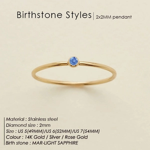 Minimalist 14K gold stainless steel ring with 2mm light sapphire birthstone