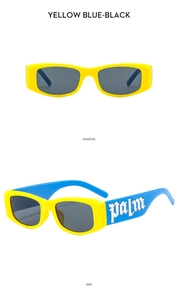 Detail of yellow and blue rectangle kids sunglasses with silver Gothic palm lettering