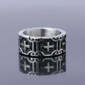 Gothic punk stainless steel cross ring with embossed scroll patterns and vintage finish