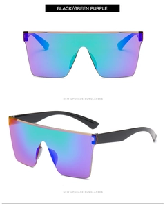 Front and side view of oversized rimless sunglasses with purple and green mirror lenses