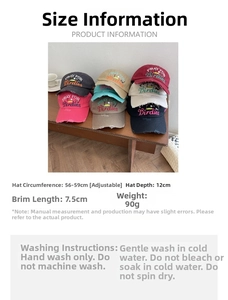 Detailed size chart for the embroidered baseball cap including brim and depth info