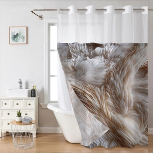 Detail of waterproof bathroom curtain with metallic grommets and artistic feather texture
