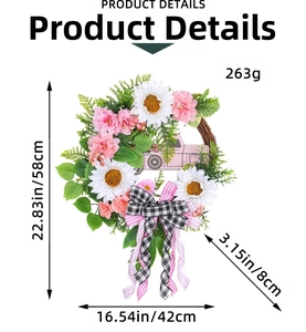 Detailed dimensions of pink truck Christmas wreath with white sunflowers and size labels