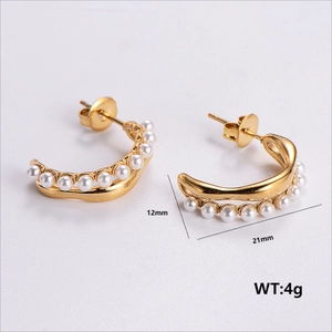 Macro view of C-shaped 304 stainless steel earrings with nine white pearls, 21mm width
