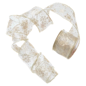Sparkling gold snowflake sheer chiffon ribbon for Christmas tree and gift decoration
