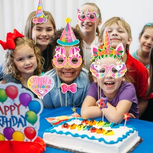 Unicorn theme birthday party photo props set with rainbow glasses and glitter hats