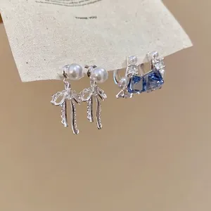 Bowknot Pendant Stud Earrings With Zircon Faux Artificial Pearl And 925 Sterling Silver Earring Post Elegant Jewelry For Women