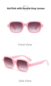 Detail view of jelly pink square sunglasses with gray gradient lenses and golden rivets