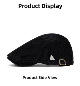 Detail view of the breathable mesh texture and adjustable gold metal buckle on the black cap