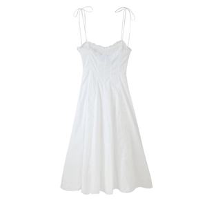 Elegant white sleeveless A-line dress with spaghetti straps and ruffle neckline detail