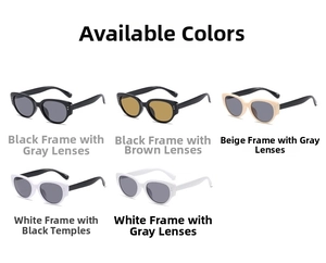 Cat eye sunglasses detail showcasing five color options including black, white and beige