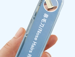 Blue portable storage case for a double-headed nose hair trimmer tool with usage illustration