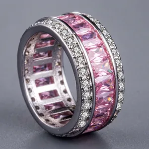 Eternity ring with pink baguette-cut stones and white zircon pavé in silver plating