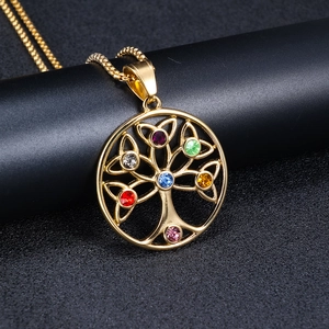Nordic Viking tree of life stainless steel pendant with multicolor crystals on black stand