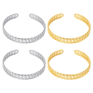 Detailed view of silver and gold stainless steel chain texture open bracelets set