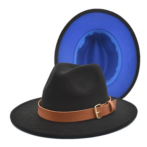 Two-tone wool felt fedora featuring black exterior with royal blue brim underside and belt