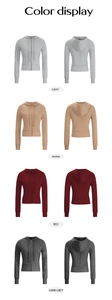Color display of slim fit ribbed knit zip-up hoodies in gray, khaki, red and dark grey