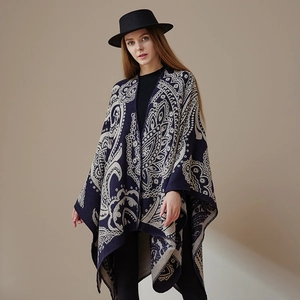 Ethnic paisley knit shawl in navy and beige with warm imitation cashmere material