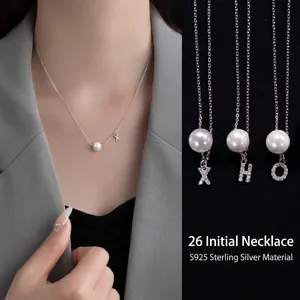 925 Sterling Silver Initial Alphabet Necklace With White Shell Artificial Pearl And Cubic Zirconia For Women Elegant Jewelry
